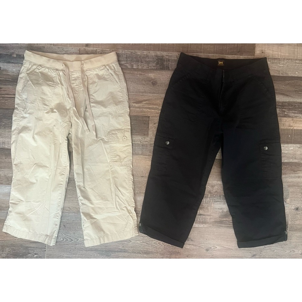 Lee St. John's Bay Khaki Black Cargo Capri Pants Lot Size Medium